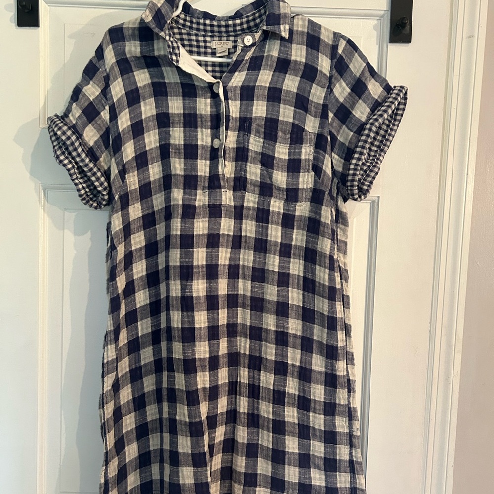 Blue and White Plaid Button-Up Tunic Dress